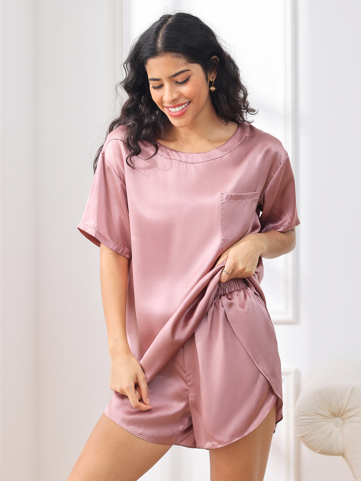 SilkSilky  Pure Silk Short Sleeve Round Neck Women's Pajamas PaleMauve 004