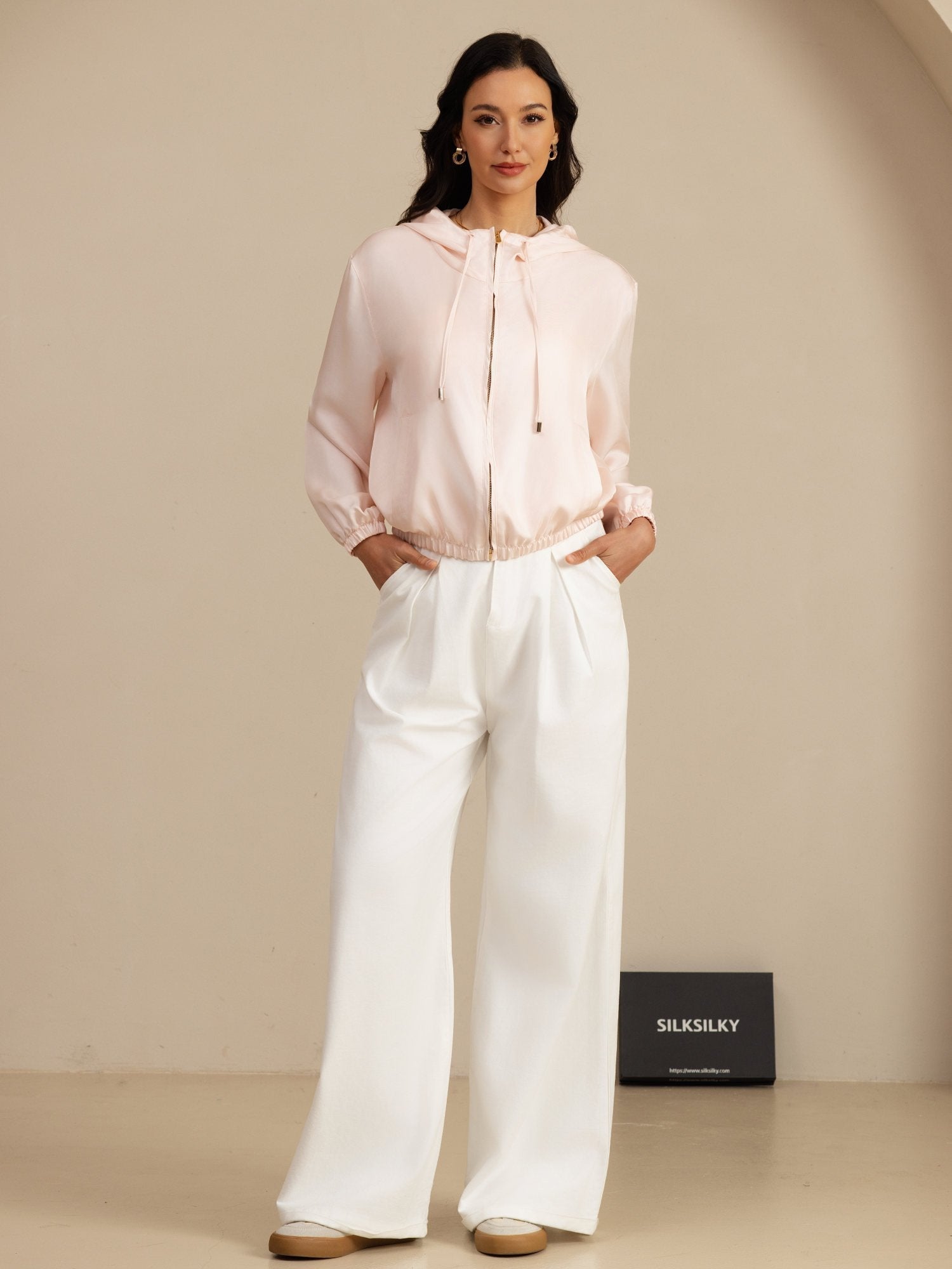 [Rosa] SilkSilky-NO 18Momme Langermet Ståkrave Yttertøy for Kvinner 006