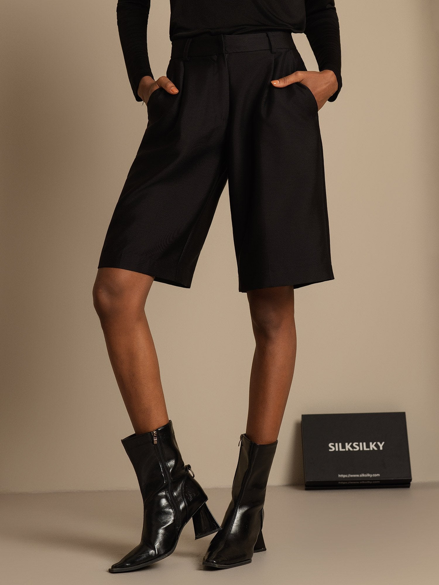 [Svart] SilkSilky-NO 32Momme Silk-Wool Blend Womens Shorts 001,