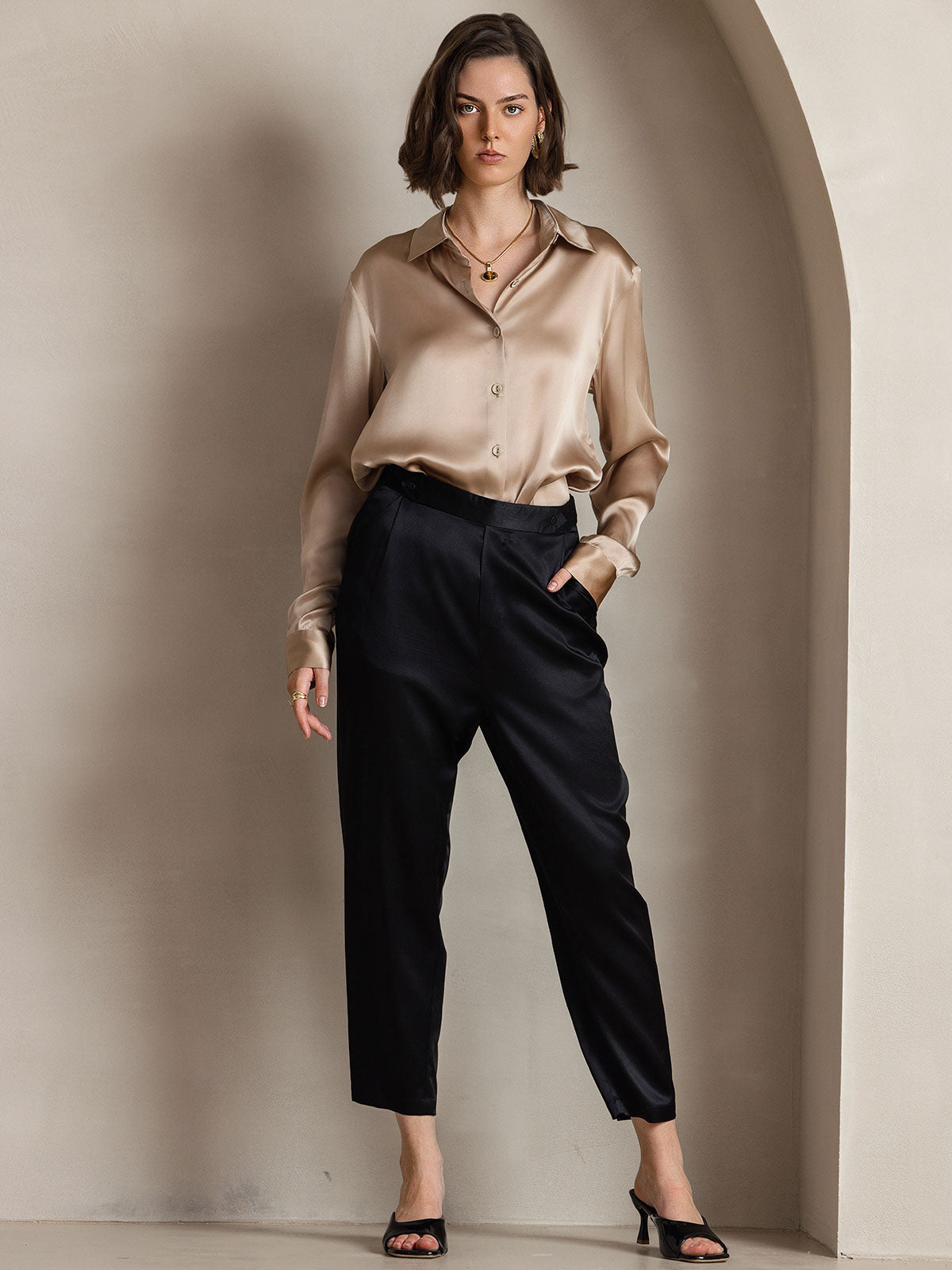 [Champagne] SilkSilky-NO Silke Long Sleeve Collar Skjorte for Kvinner 003
