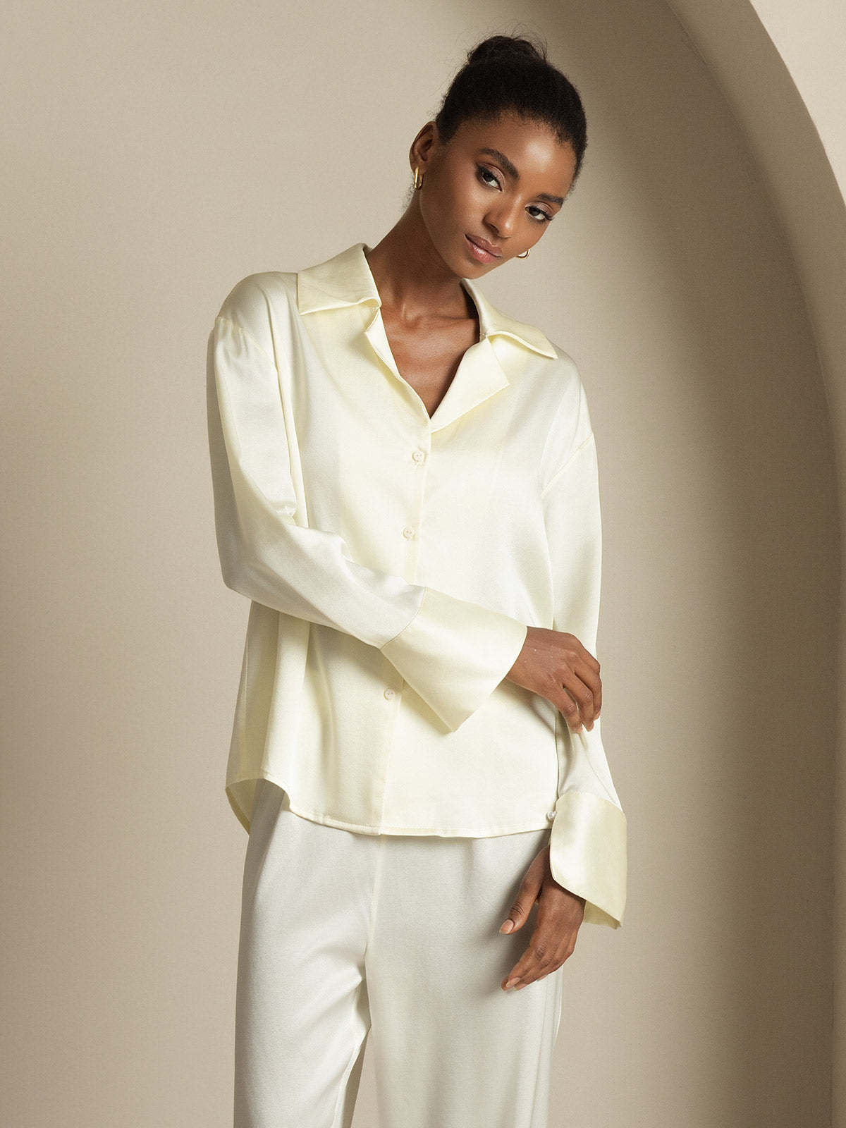 [Elfenbein] SilkSilky-NO 19Momme Silke Notch Collar Skjorte for Kvinner 006