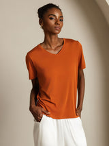 [Oransje] SilkSilky-NO Short Sleeve V Neck T-skjorte for Kvinner 006