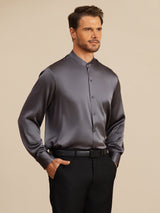 [Mørkegrå] SilkSilky-NO Long Sleeve Stand Collar Skjorte for Menn 005