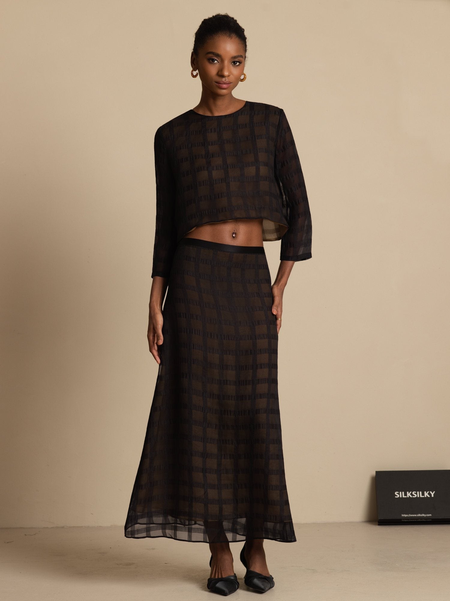 [Svart] SilkSilky-NO Ren Silke Langermet Rund Hals Women''s Outfit Sets 001