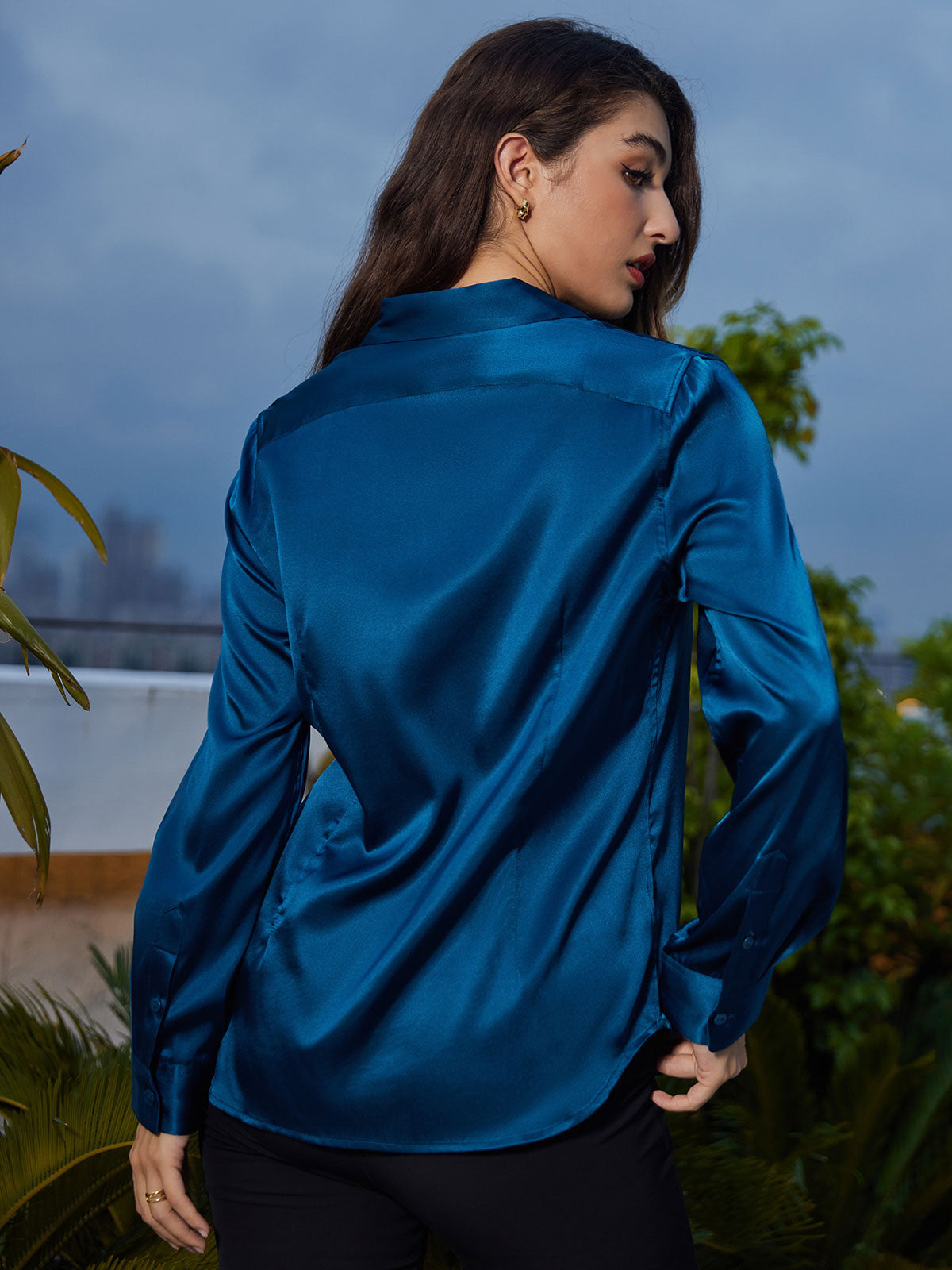 [Blågrønn] SilkSilky-NO Silke Long Sleeve Collar Skjorte for Kvinner 002