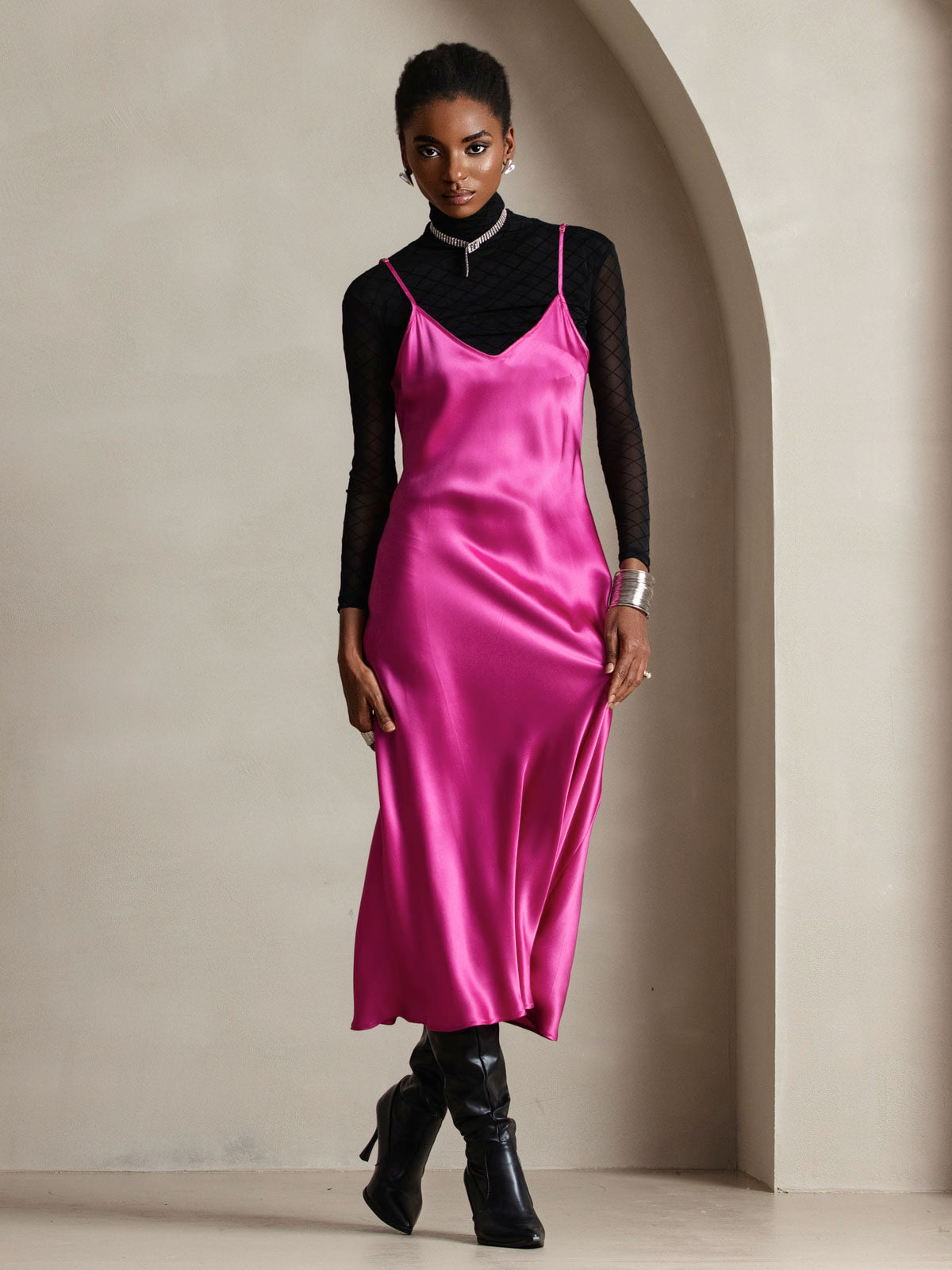 [Rosenrød] SilkSilky-NO Spaghetti Stropp V Hals Kjole 006