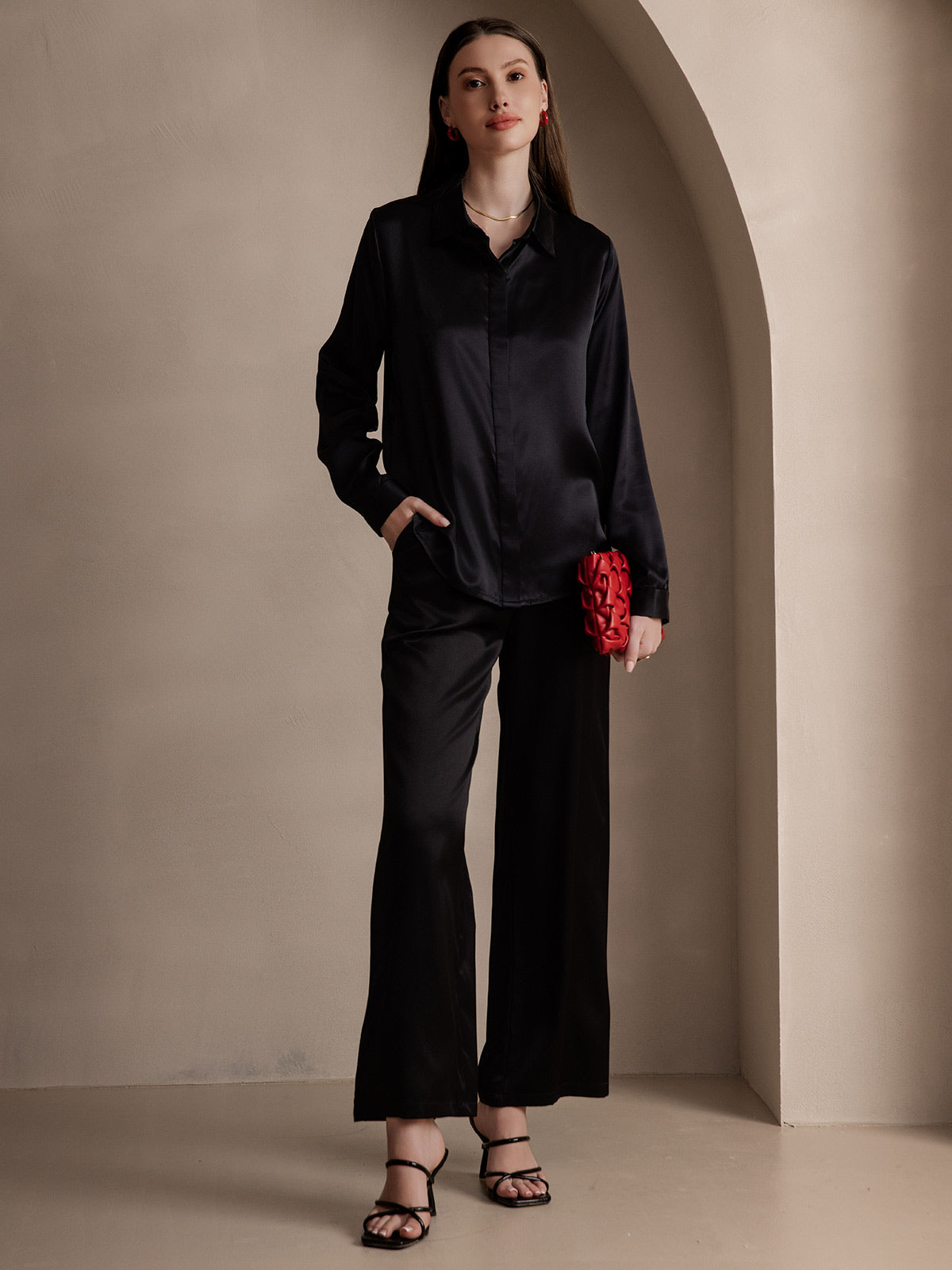 [Svart] SilkSilky-NO 19Momme Silke Lapel Collar Skjorte for Kvinner 007