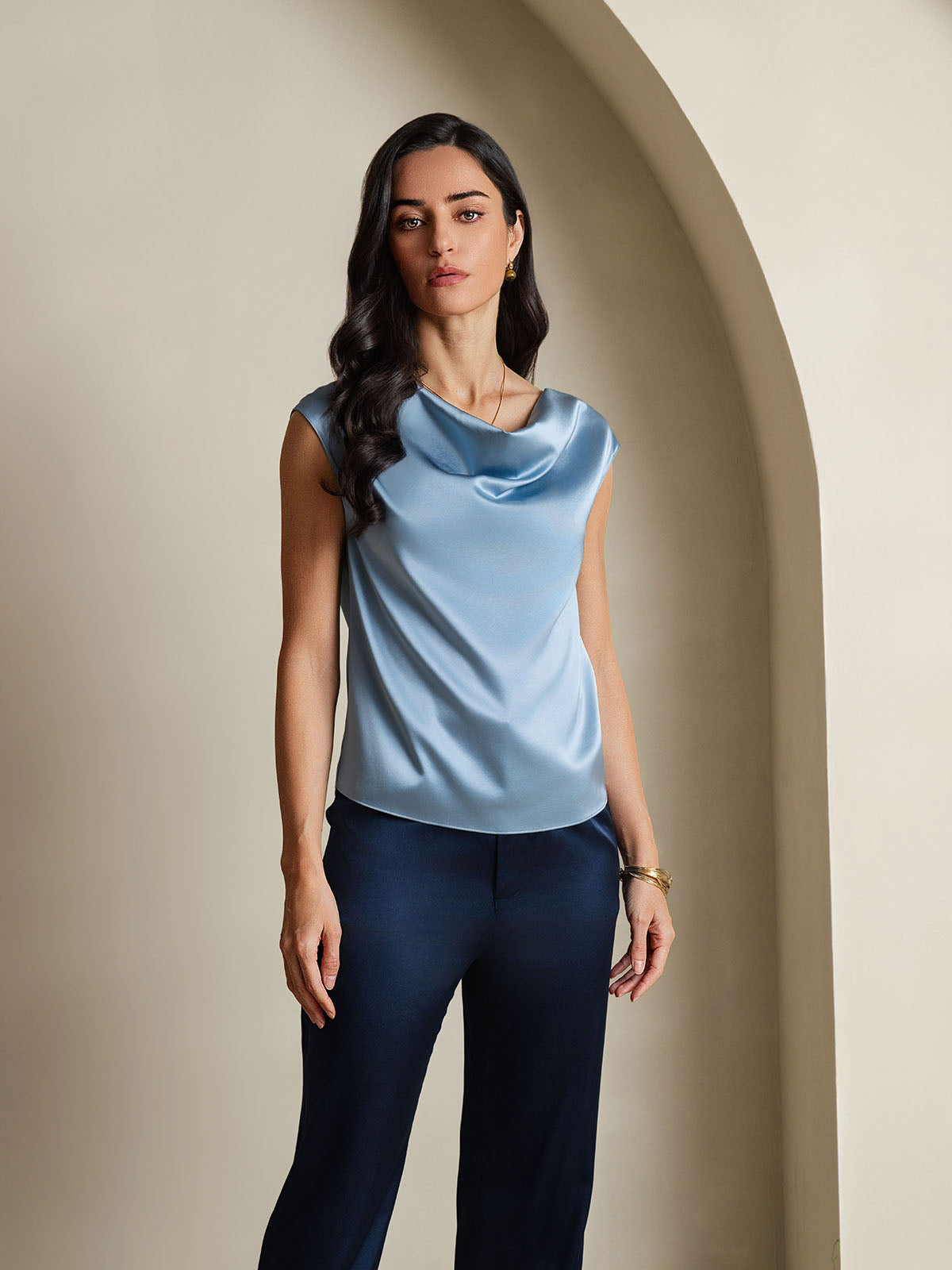 [Gråblå] SilkSilky-NO 19Momme Silke Cowl Neck T-skjorte for Kvinner 001