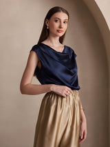 [Mørke blå] SilkSilky-NO Cap Sleeve Cowl Neck T-skjorte for Kvinner 005