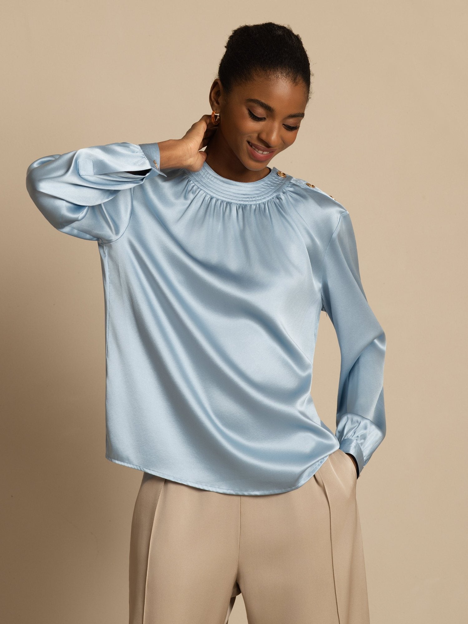 [Gråblå] SilkSilky-NO 19Momme Langermet Rund Hals Bluse 001