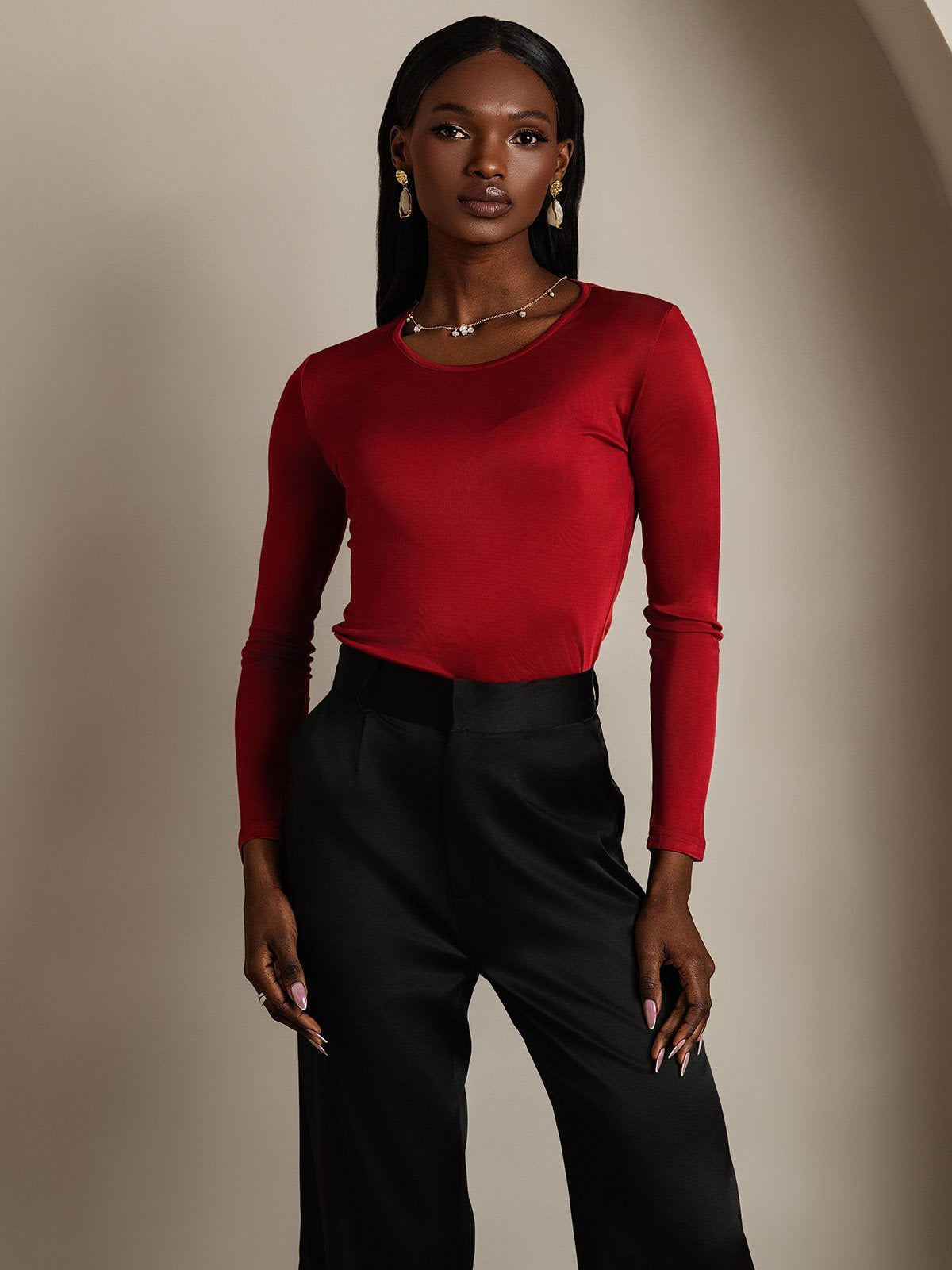 [Vin] SilkSilky-NO Silke Long Sleeve Round Neck T-skjorte for Kvinner 003