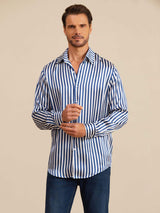 [Marine Stripe] SilkSilky-NO 19Momme Langermet Slagkrage Skjorte for Menn 003
