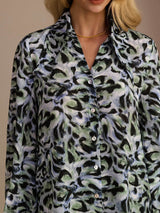 [Teal Leopard] SilkSilky-NO Long Sleeve Lapel Collar Bluse 003