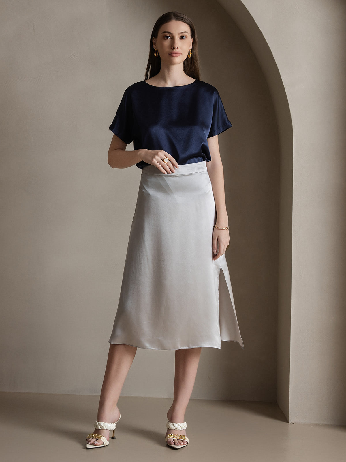 [Lysegrå] SilkSilky-NO 19Momme Silke Skirt 002