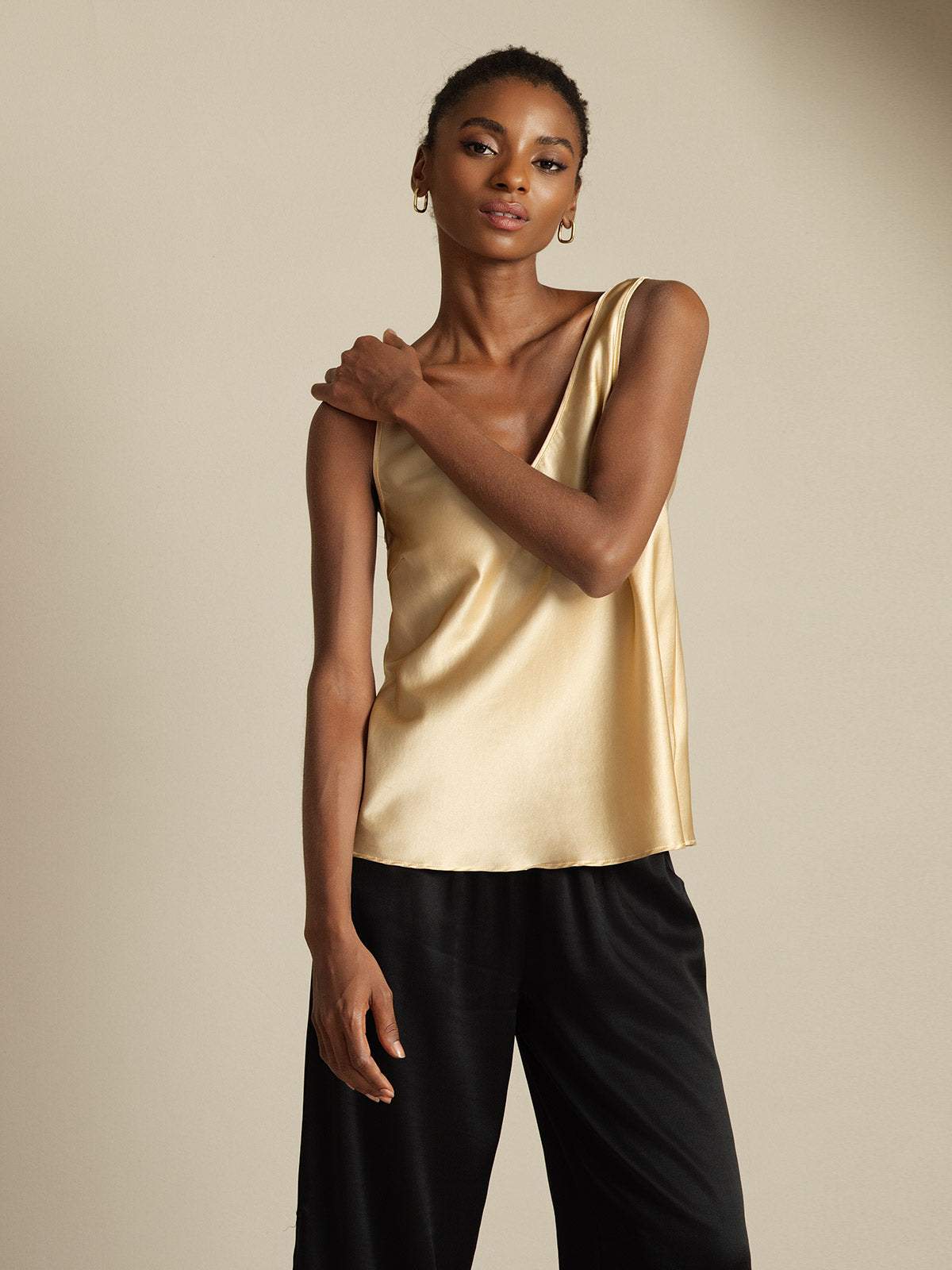 [Champagne] SilkSilky-NO 19Momme Silke V-Hals Camisole Topp 007