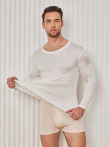 [Hvit] SilkSilky-NO Long Sleeve Round Neck T-skjorte for Menn 003