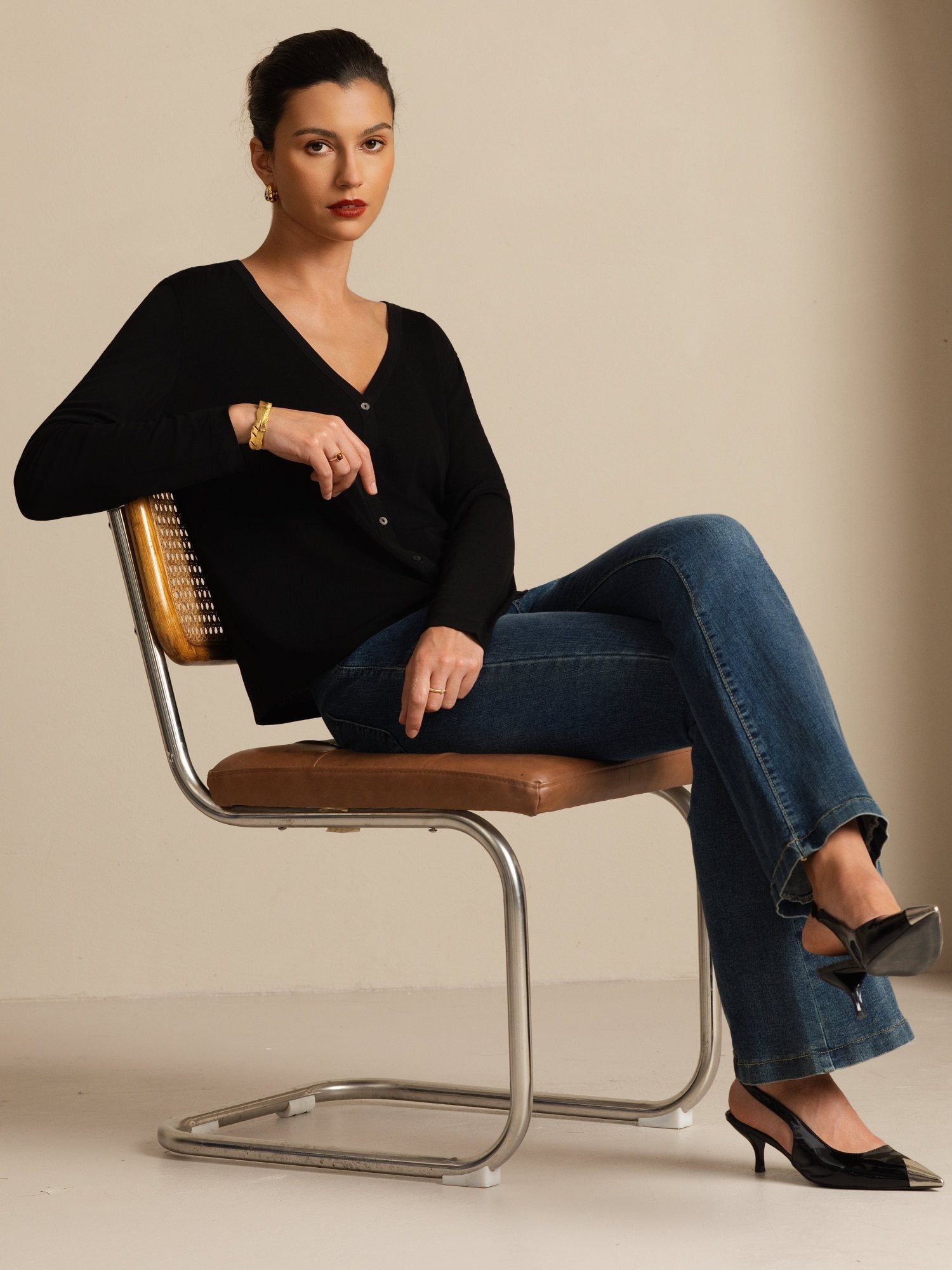 [Svart] SilkSilky-NO 19Momme Silke Langermet V Hals Dame Cardigan 007