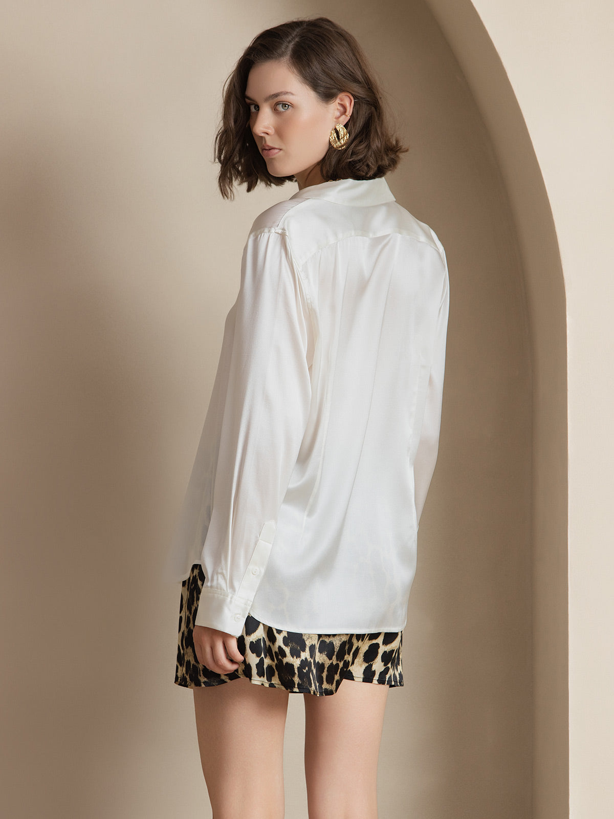 [Hvit] SilkSilky-NO Silke Long Sleeve Collar Skjorte for Kvinner 002