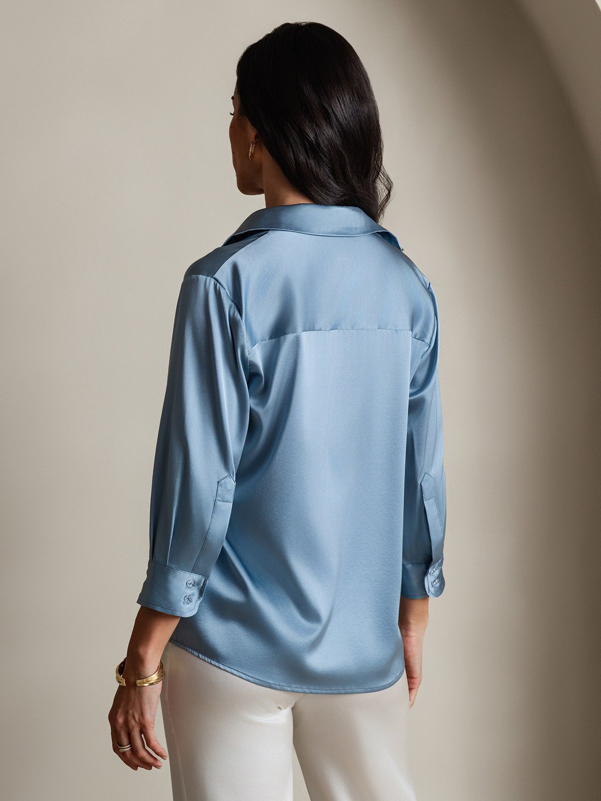 [Gråblå] SilkSilky-NO 3/4 Sleeve Lapel Collar Skjorte for Kvinner 002