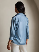 [Gråblå] SilkSilky-NO 3/4 Sleeve Lapel Collar Skjorte for Kvinner 002