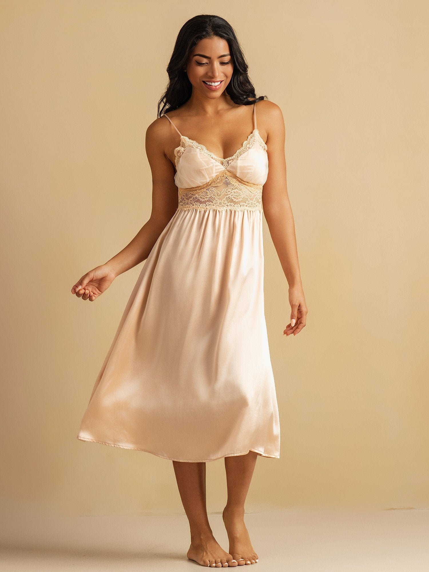 [Lyserosa] SilkSilky-NO Deep V Neck Nattkjole 005
