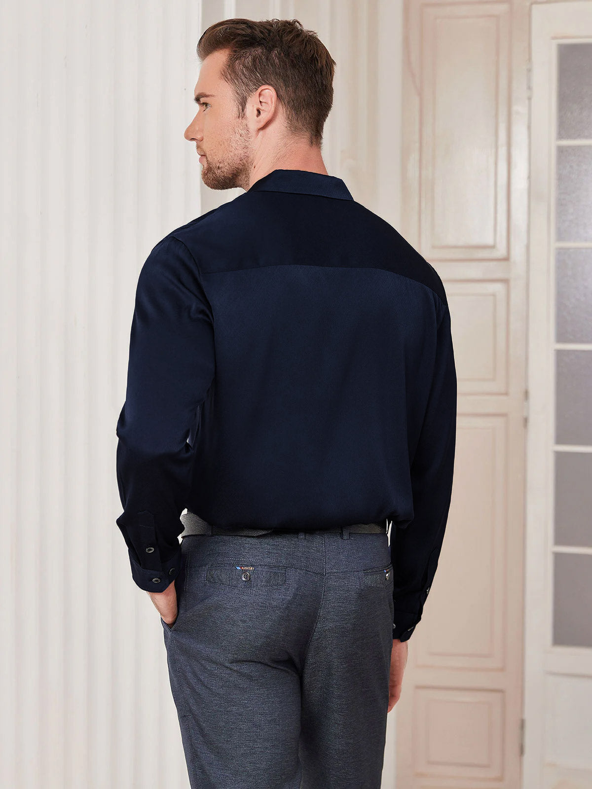 [Mørke blå] SilkSilky-NO Silke Mens Shirt 004