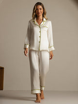 [Hvit] SilkSilky-NO Long Sleeve Lapel Collar Pyjamas for Kvinner 008