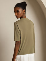 [Brent Oliven] SilkSilky-NO Halv erme Crew Neck T-skjorte for Kvinner 002