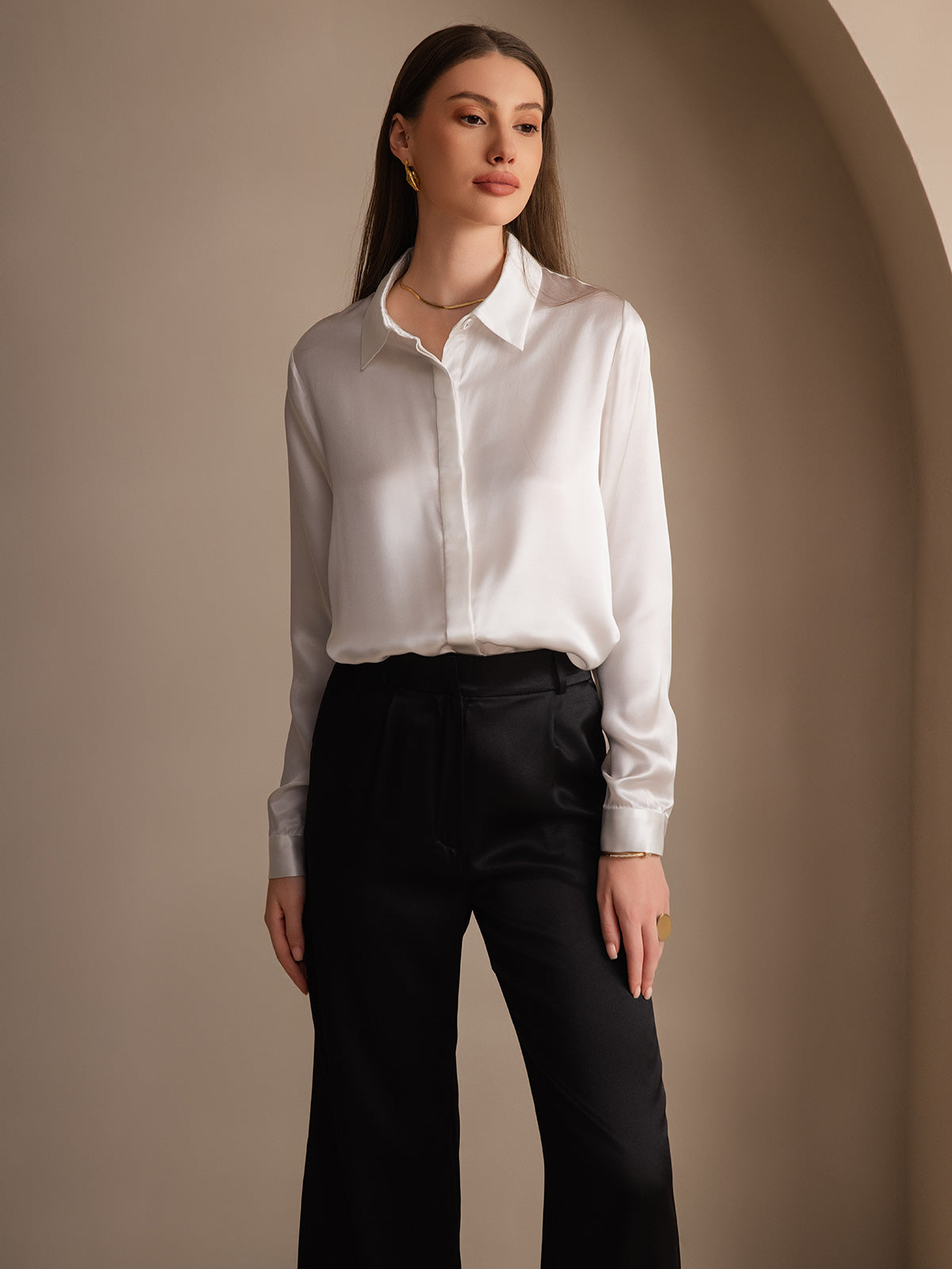 [Hvit] SilkSilky-NO 19Momme Silke Lapel Collar Skjorte for Kvinner 007