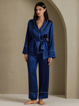 [Mørke blå] SilkSilky-NO Long Sleeve Shawl Collar Pyjamas for Kvinner 005