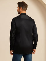 [Svart] SilkSilky-NO Long Sleeve Stand Collar Skjorte for Menn 002
