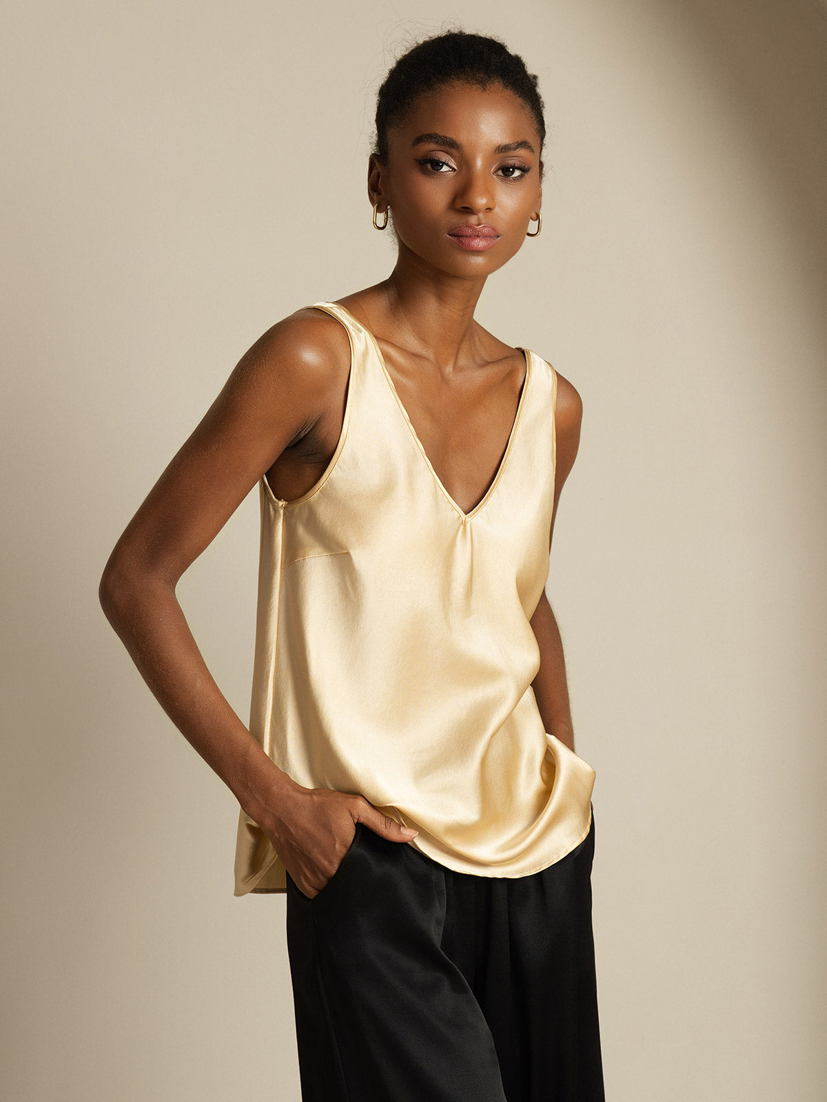 [Champagne] SilkSilky-NO 19Momme Silke V-Hals Camisole Topp 001