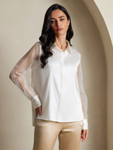 [Hvit] SilkSilky-NO Long Sleeve Lapel Collar Skjorte for Kvinner 004