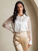 [Hvit] SilkSilky-NO Long Sleeve Lapel Collar Skjorte for Kvinner 003