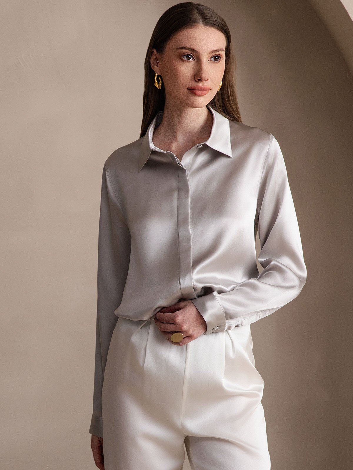 [Lysegrå] SilkSilky-NO 19Momme Silke Lapel Collar Skjorte for Kvinner 001