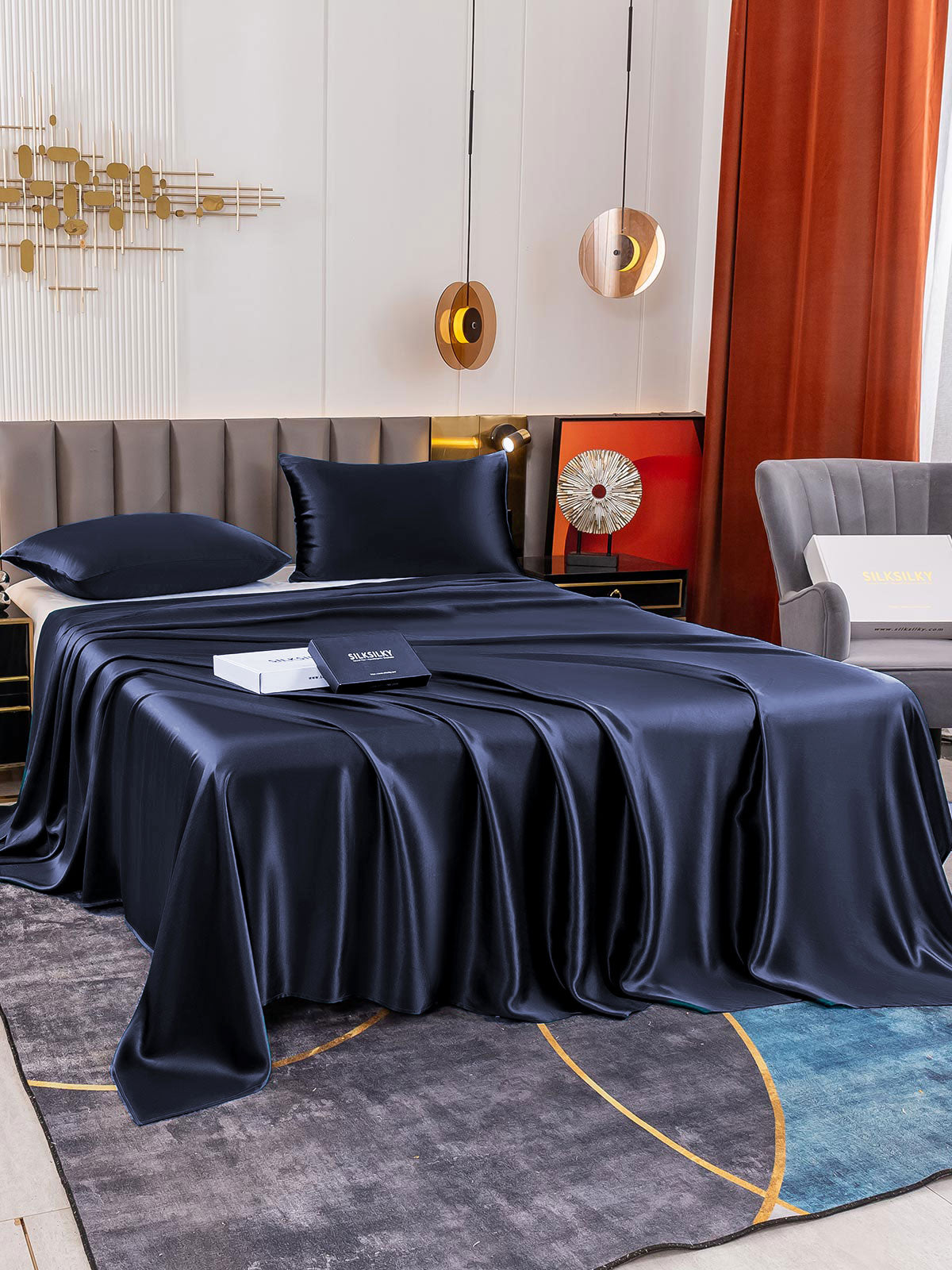 [Mørke blå] SilkSilky-NO 19Momme Bedding Set 003