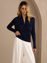 [Mørke blå] SilkSilky-NO Long Sleeve Wrap Damebluser 004