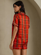 [Rødt Rutemønster] SilkSilky-NO Short Sleeve Notch Collar Pyjamas for Kvinner 002