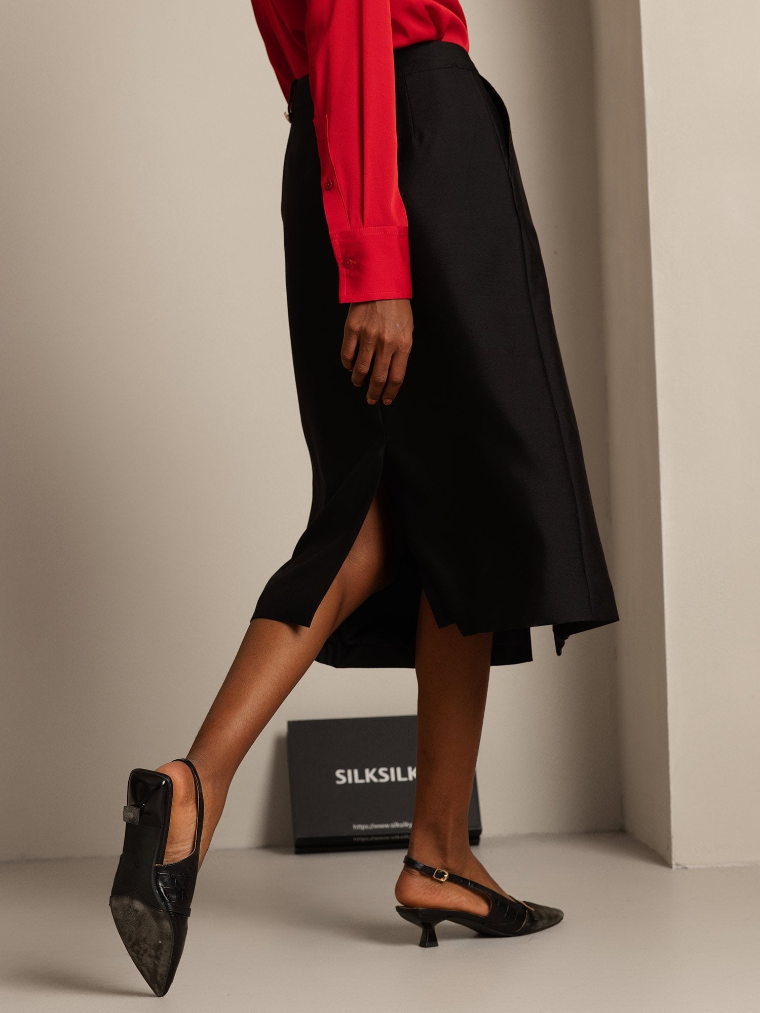 [Svart] SilkSilky-NO 32Momme Silk-Wool Blend Skirt 002,