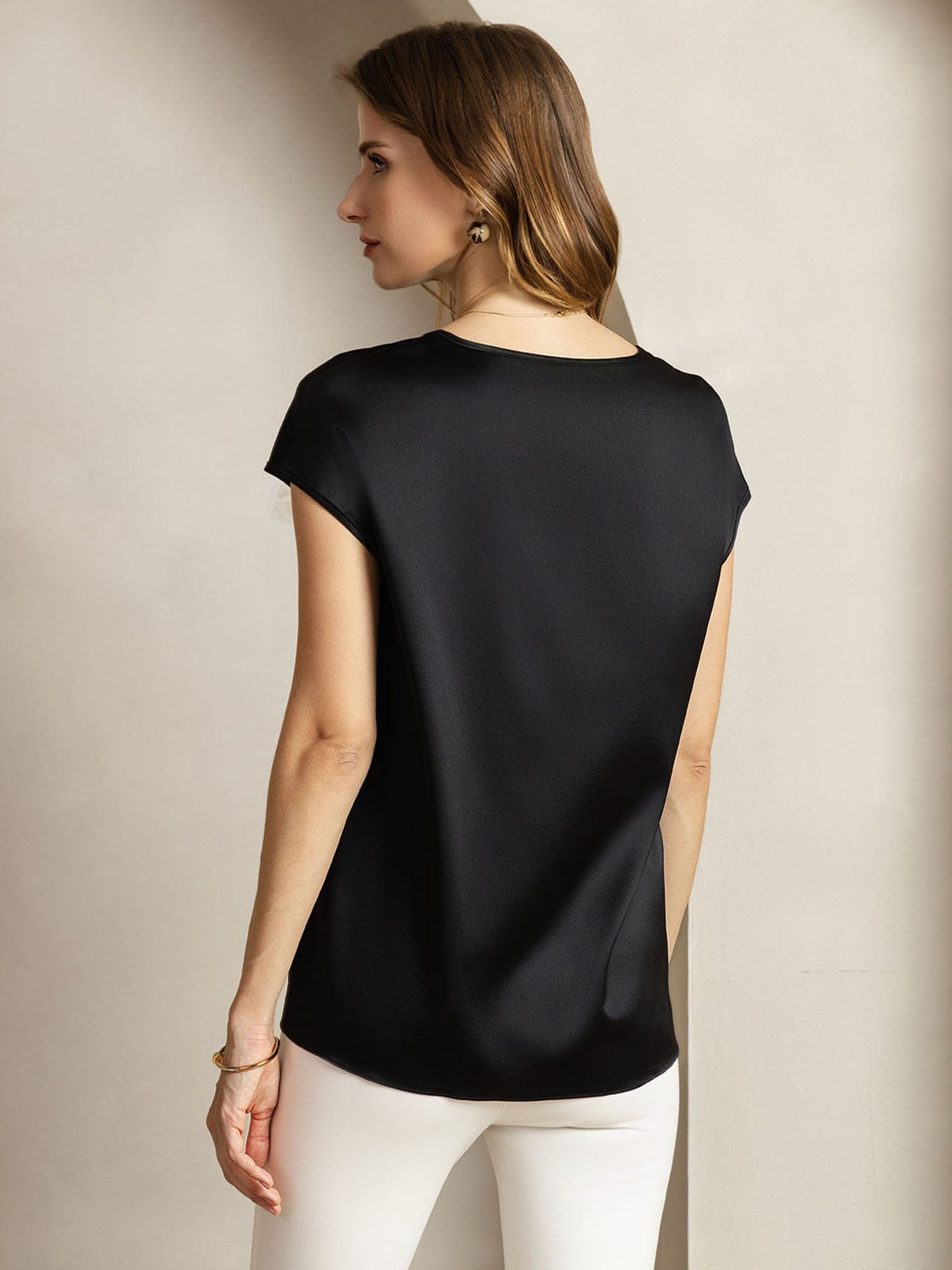 [Svart] SilkSilky-NO 19Momme Silke Halter Neck T-skjorte for Kvinner 002