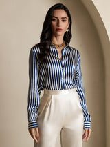 [Marine Stripe] SilkSilky-NO 19Momme Langermet Slagkrage Skjorte for Kvinner 004