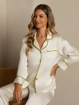 [Hvit] SilkSilky-NO Long Sleeve Lapel Collar Pyjamas for Kvinner 001