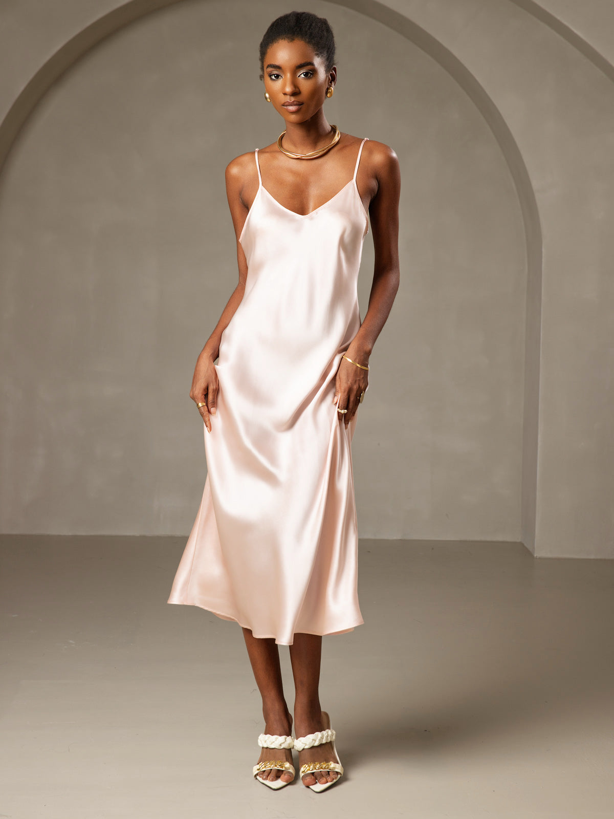 [Rosa] SilkSilky-NO Pure Silk Sleeveless Round Neck Kjole 003