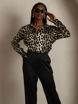 [Leopard] SilkSilky-NO 19Momme Langermet Slagkrage Skjorte for Kvinner 006