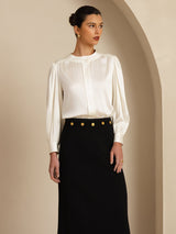 [Hvit] SilkSilky-NO 19Momme Long Sleeve Round Neck Bluse 006
