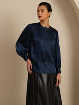 [Mørke blå] SilkSilky-NO 19Momme Long Sleeve Round Neck Bluse 005