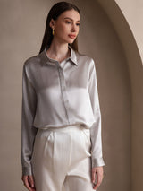 [Lysegrå] SilkSilky-NO Long Sleeve Lapel Collar Skjorte for Kvinner 003