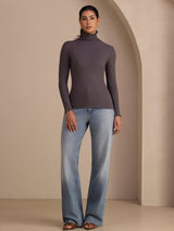 [Mørkegrå] SilkSilky-NO Long Sleeve Turtle Neck T-skjorte for Kvinner 006