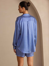 [Blå Nålestripete] SilkSilky-NO Long Sleeve Lapel Collar Women's Outfit Sets 002