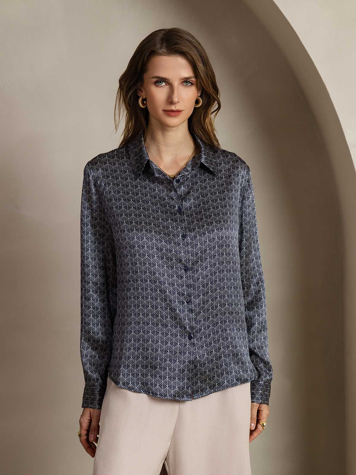 [Marine Ginkgo] SilkSilky-NO Silke Lapel Collar Skjorte for Kvinner 001